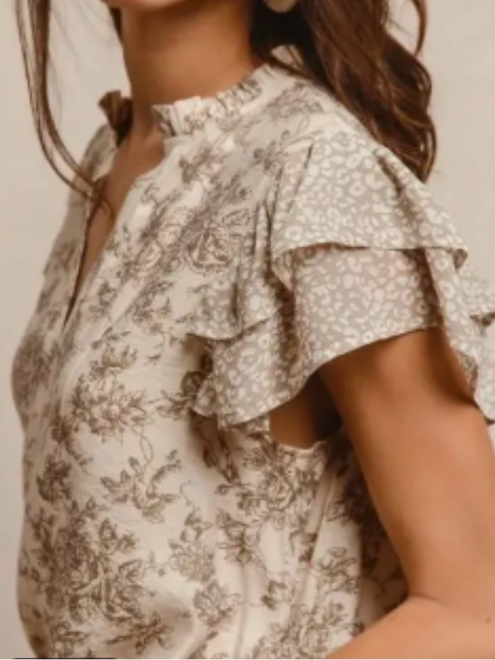 BiBi Cream Floral Split-Neck Ruffle Sleeve Blouse - Picture 2 of 3